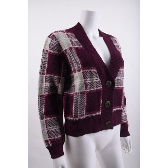 Mother Womens Slim Low Plaid Cardigan Sweater Sz M Purple Cropped Alpaca NWT - Picture 2 of 6